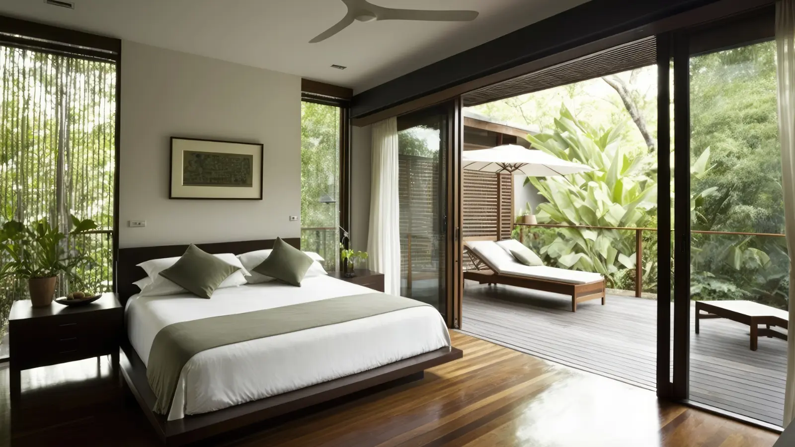 A bedroom with a large bed and sliding glass doors.