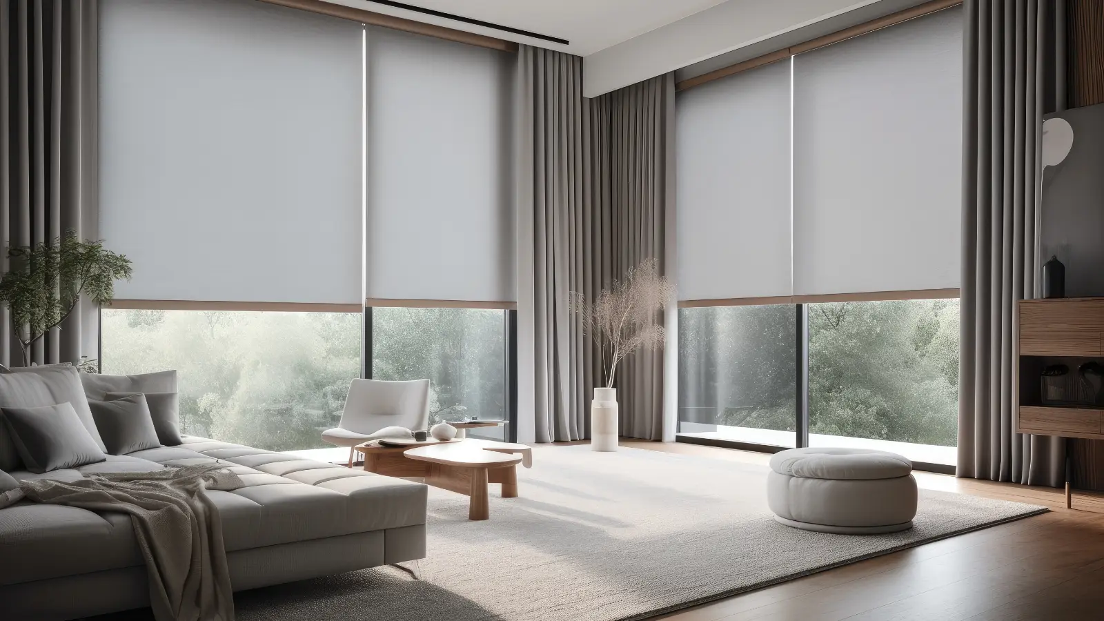 A modern living room with grey roller blinds.