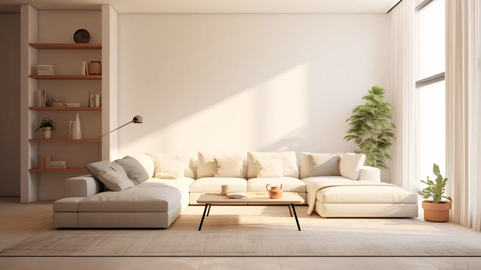 A white living room with a white couch and a plant.