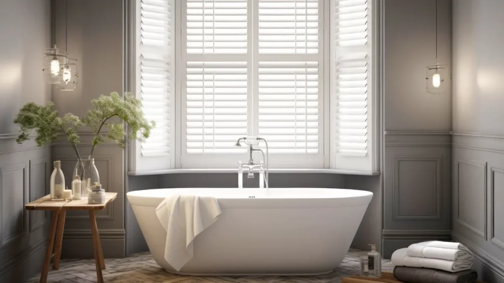 A white bathroom with plantation shutters and a bathtub.