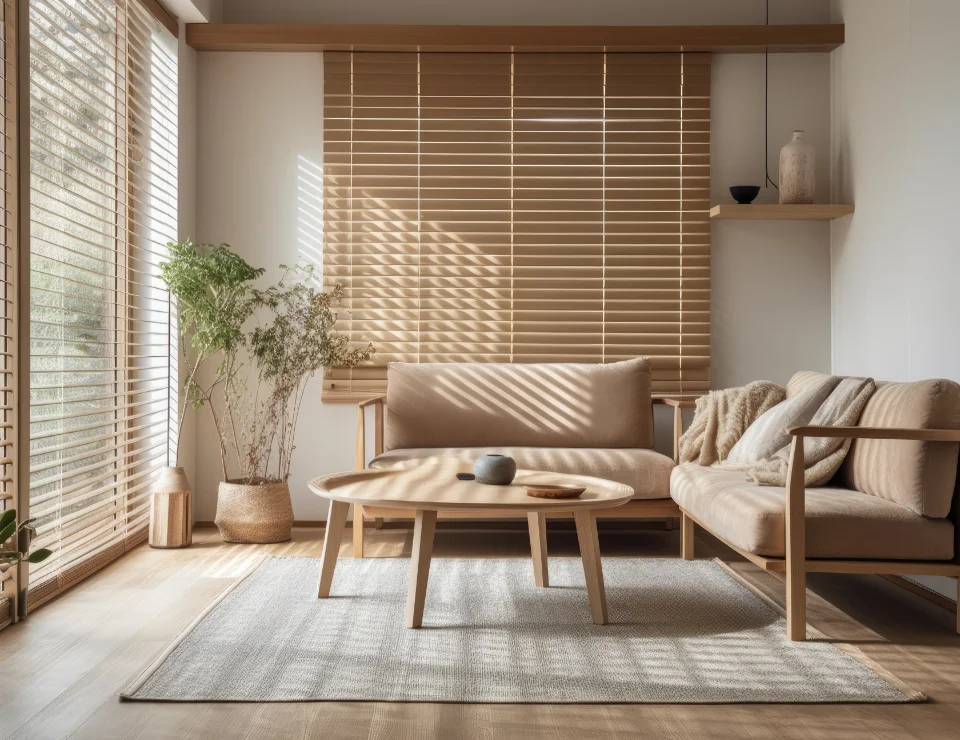 A living room with wooden blinds.