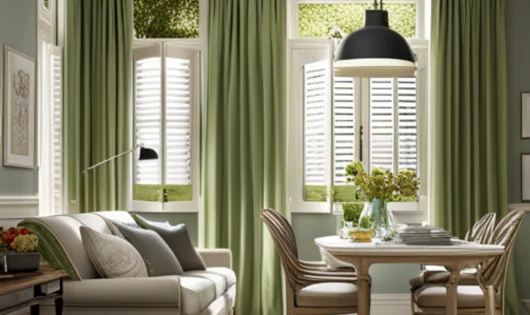 Cafe shutters in a classically-styled living room.