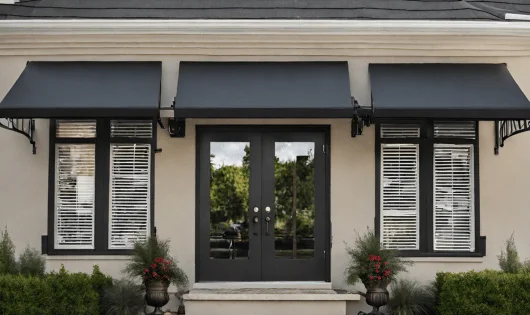 A black awning over the front door of a house.
