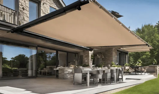 An outdoor patio with a retractable awning.