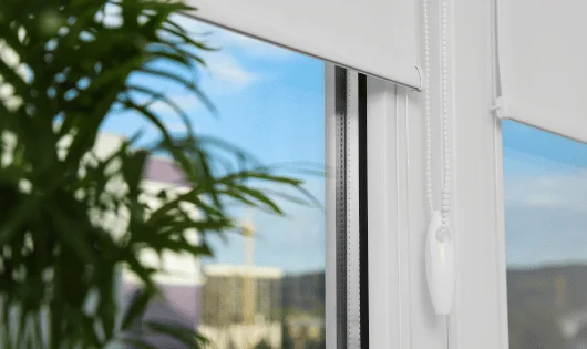 A close-up of a window with outdoor roller shades.