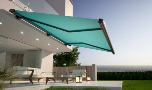 A teal awning over a patio.