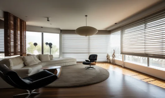 A modern living room with Venetian blinds.