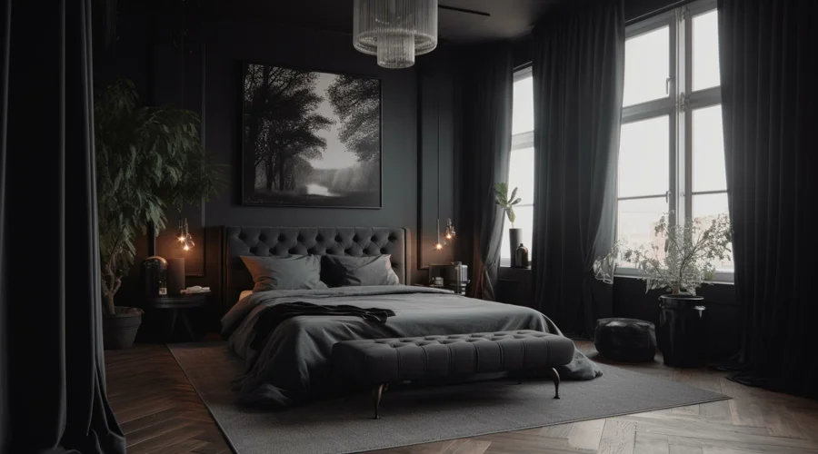 A black bedroom with black drapes.