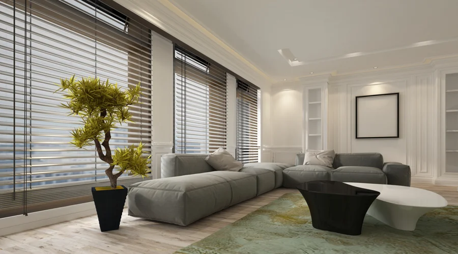 3d rendering of a living room with wooden blinds.