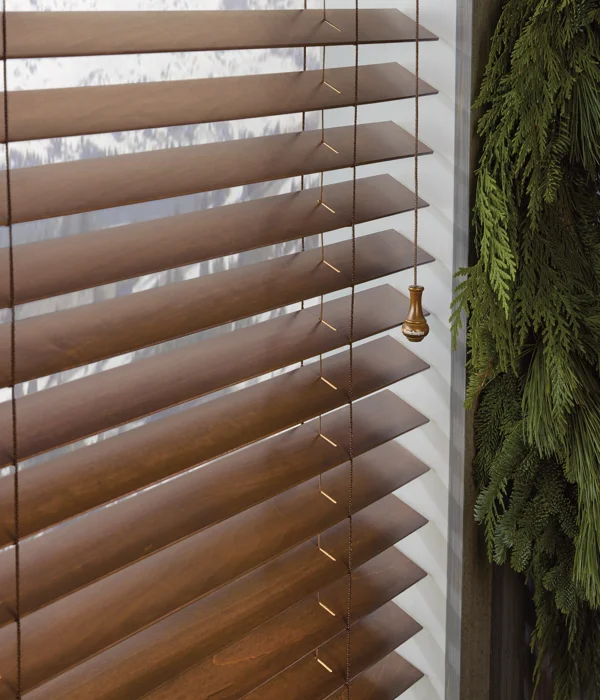 Wooden blinds with wide slats.