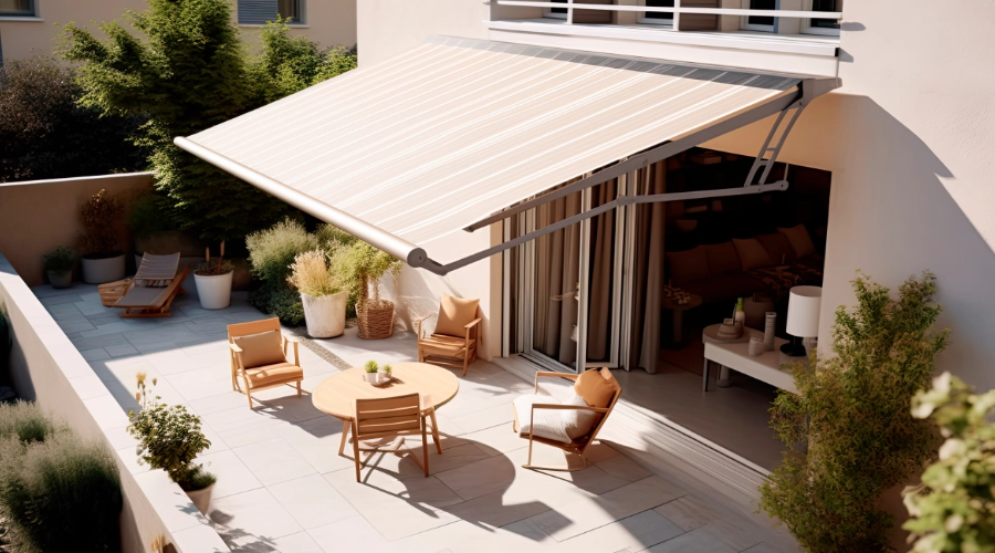 An retractable awning covering an outdoor patio.