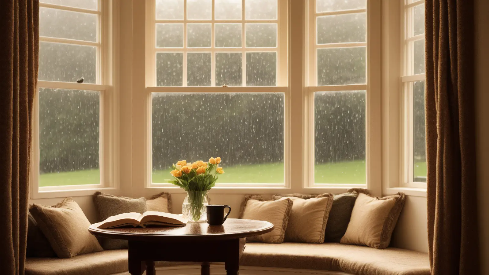 A bay window in a living room with flowers and a book.