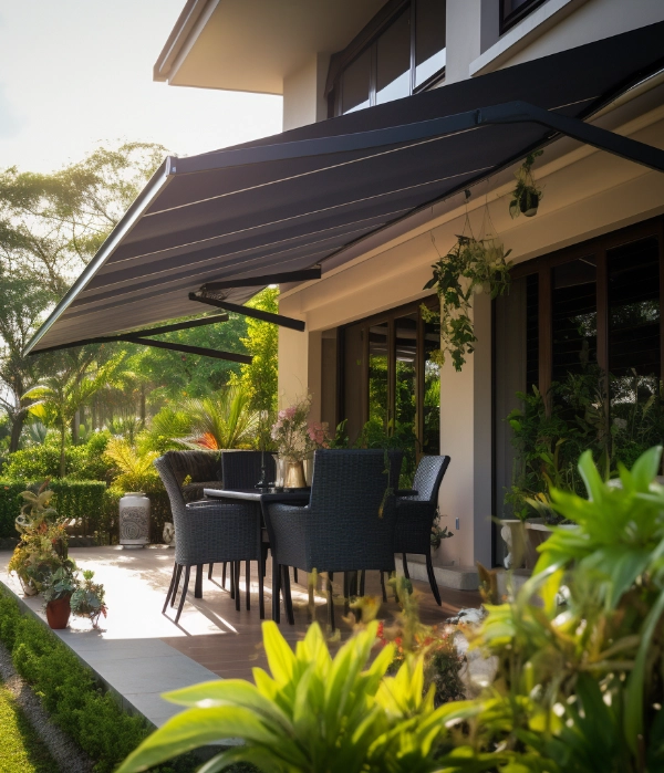 A black retractable patio awning.