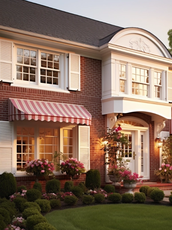 Candy-striped awnings decorate and protect a home's exterior.