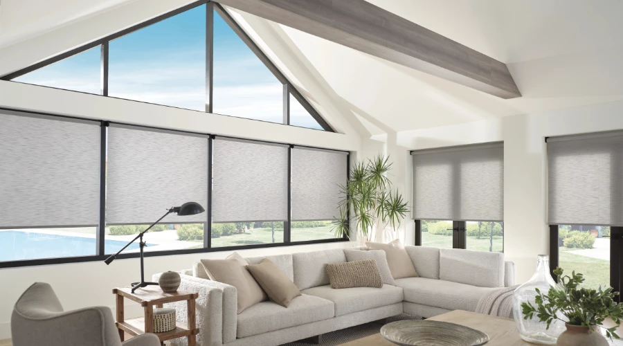 Roller shades in a modern living room with large windows.