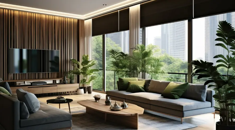 A modern living room with blackout shades.