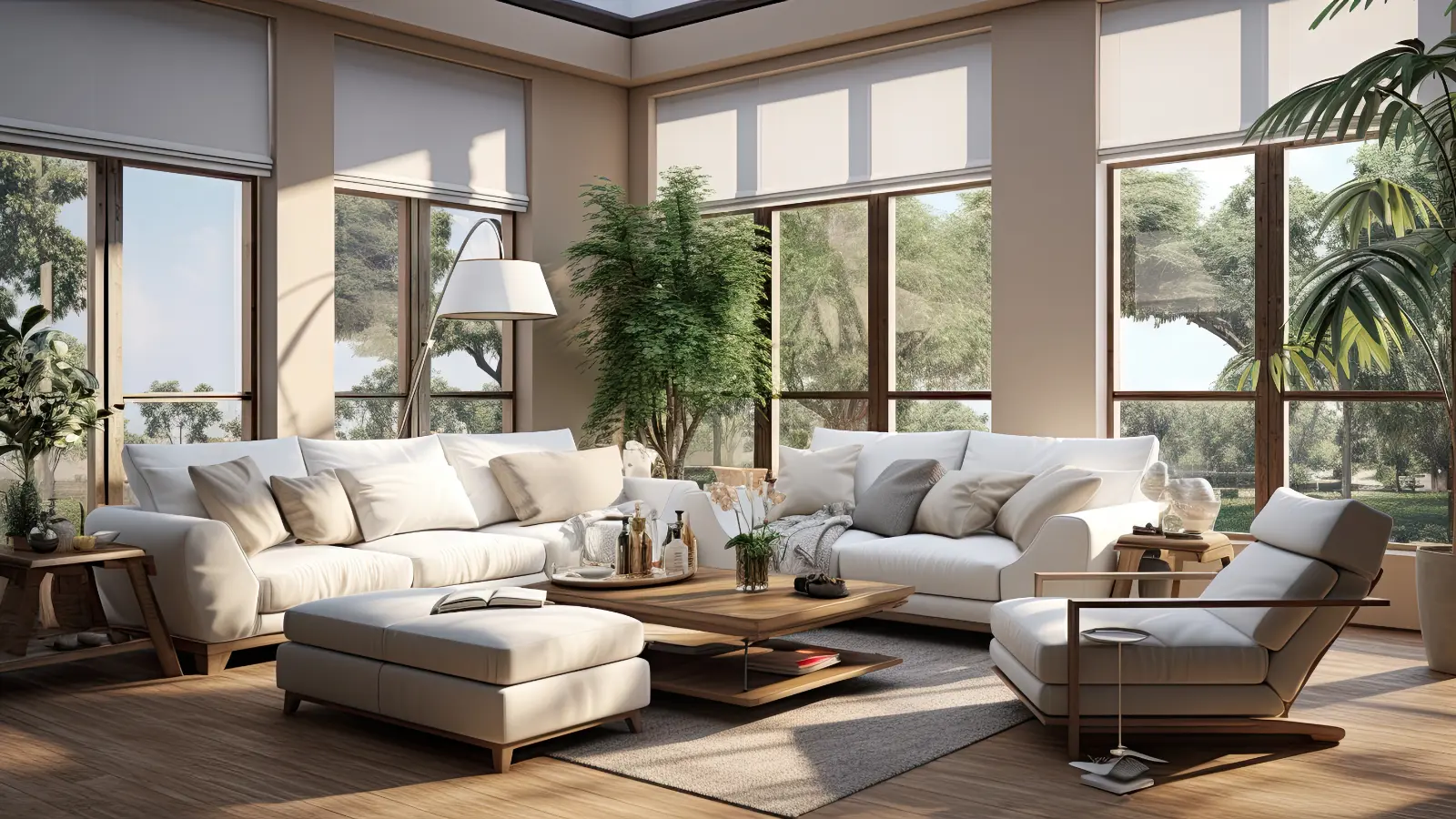 A living room with large windows and white furniture.