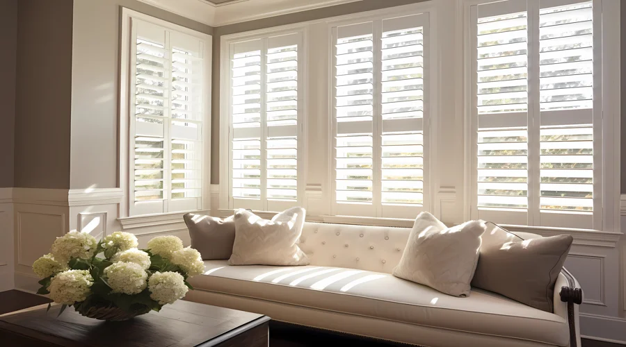A living room with white plantation shutters.