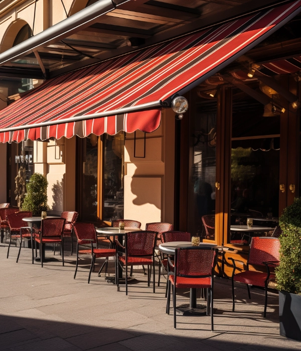 An outdoor restaurant with red and black striped awnings.