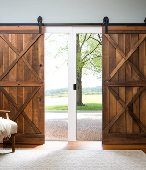 A sliding glass door with sliding barn door shutters.