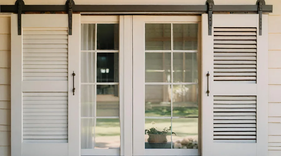 Sliding shutters on a large window.