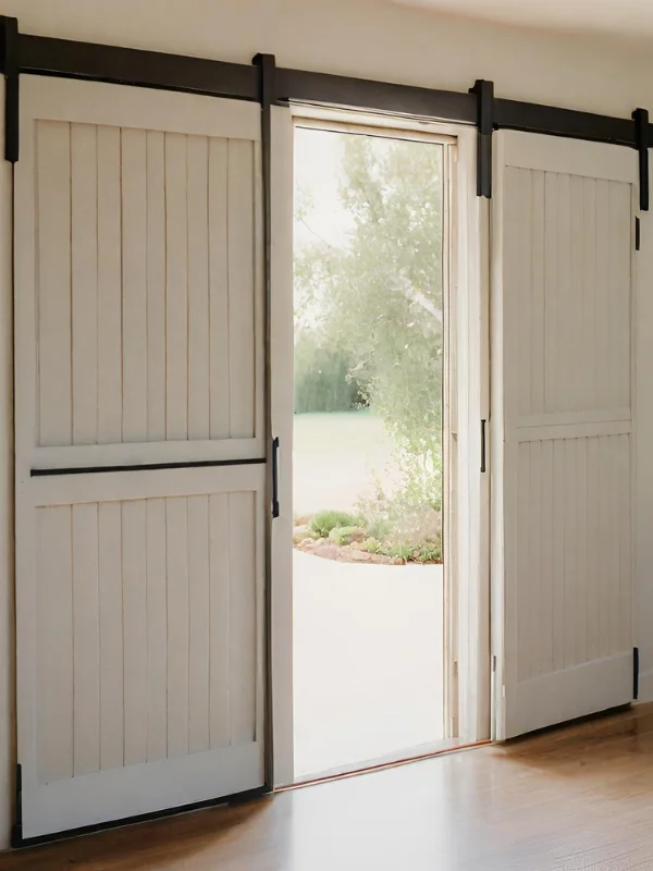 A sliding glass door with sliding shutters.