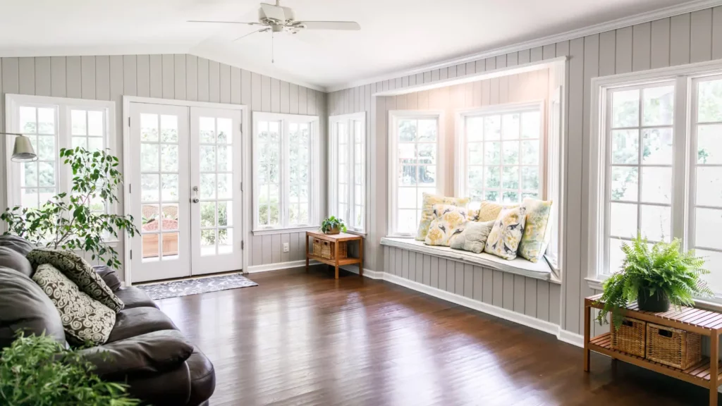 A sun room with hardwood floors and a window.