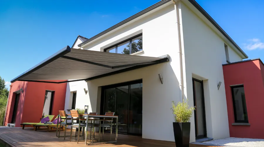 A house with a patio awning.