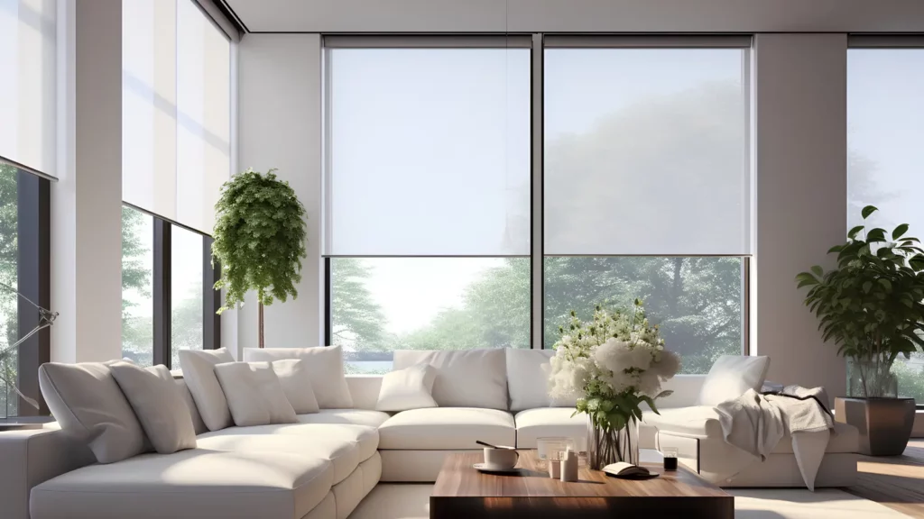 A living room with large windows and white furniture.