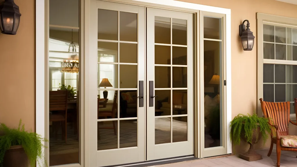 A patio with french doors and a patio chair.