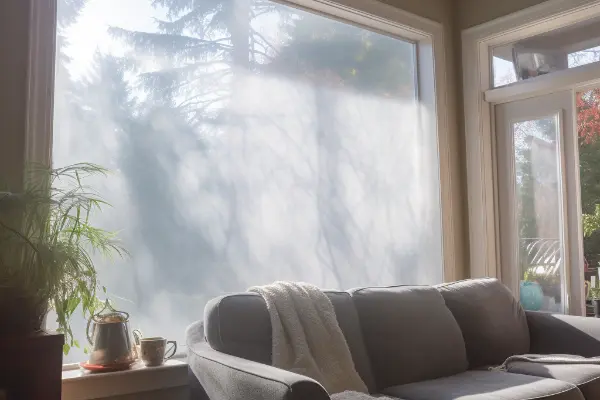 A living room with a large frosted window.