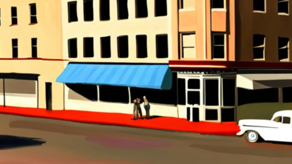 A digital painting of an old car on a street corner.