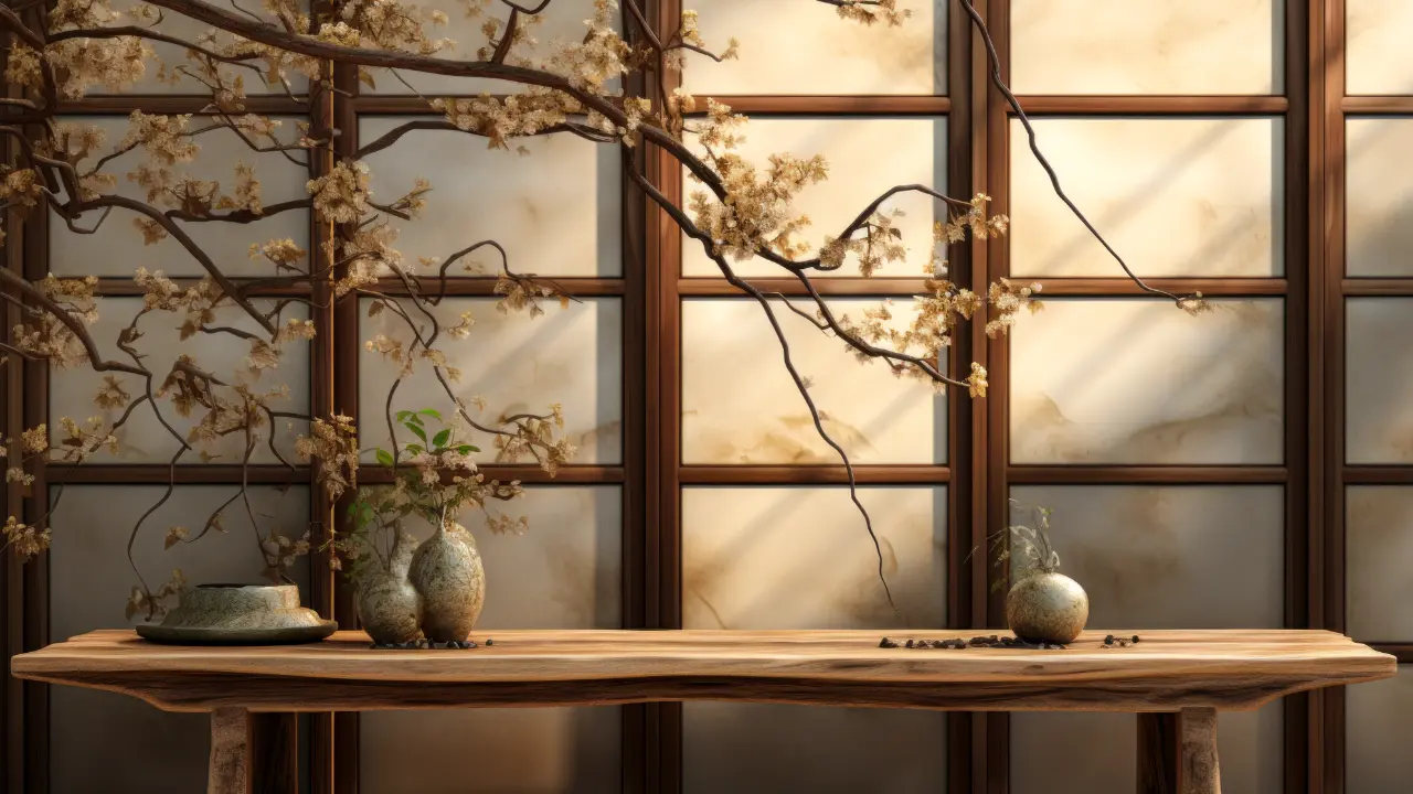 A Japanese wooden table in front of a window.