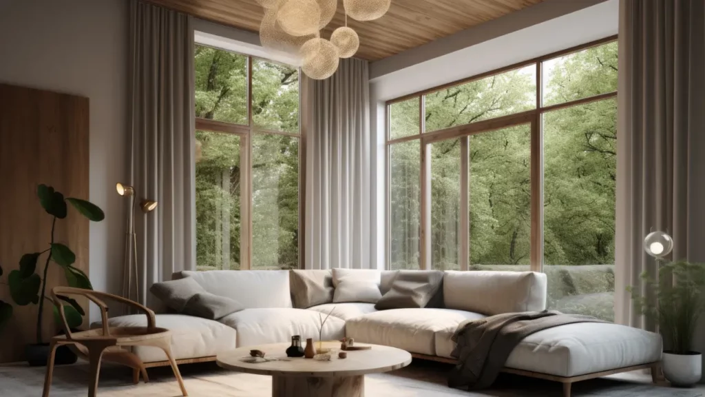 3d rendering of a living room with a large window.