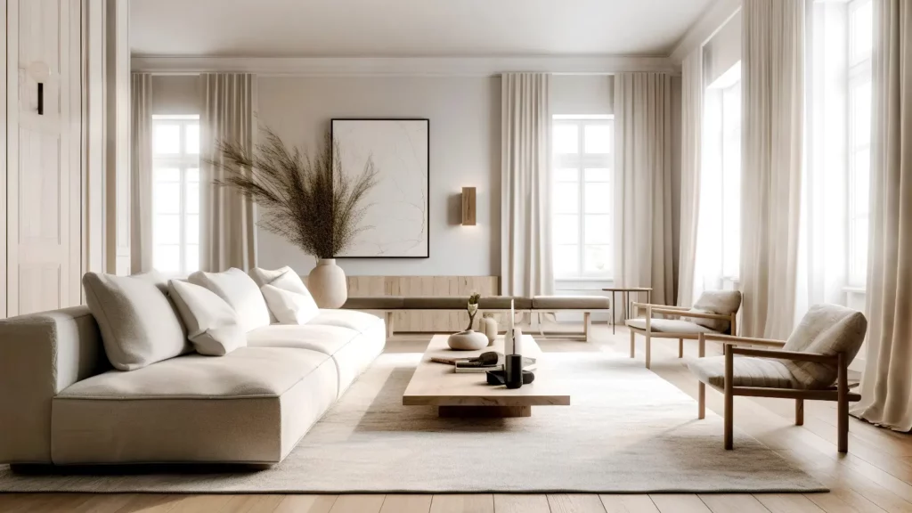 A white living room with wooden floors and white furniture.