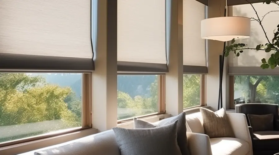 Motorized Roman shades in a living room with large windows.
