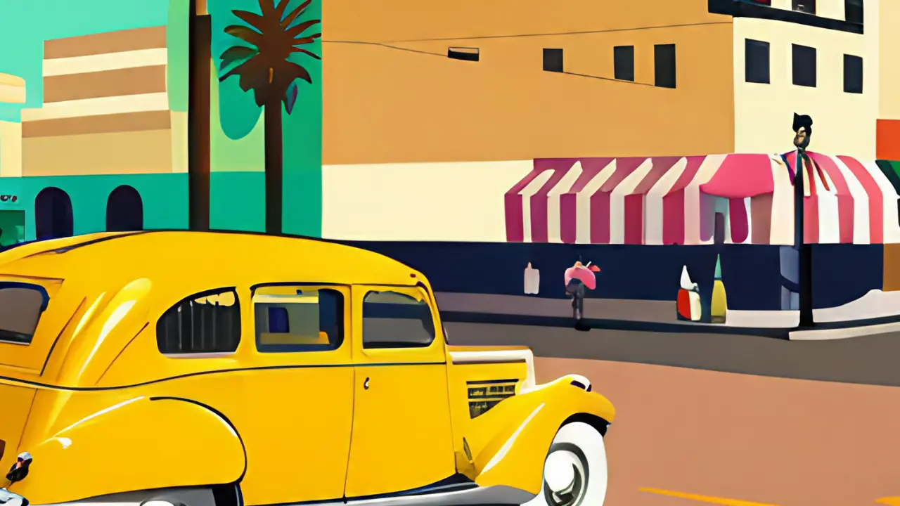 A painting of a street scene with a car parked in front of a store.