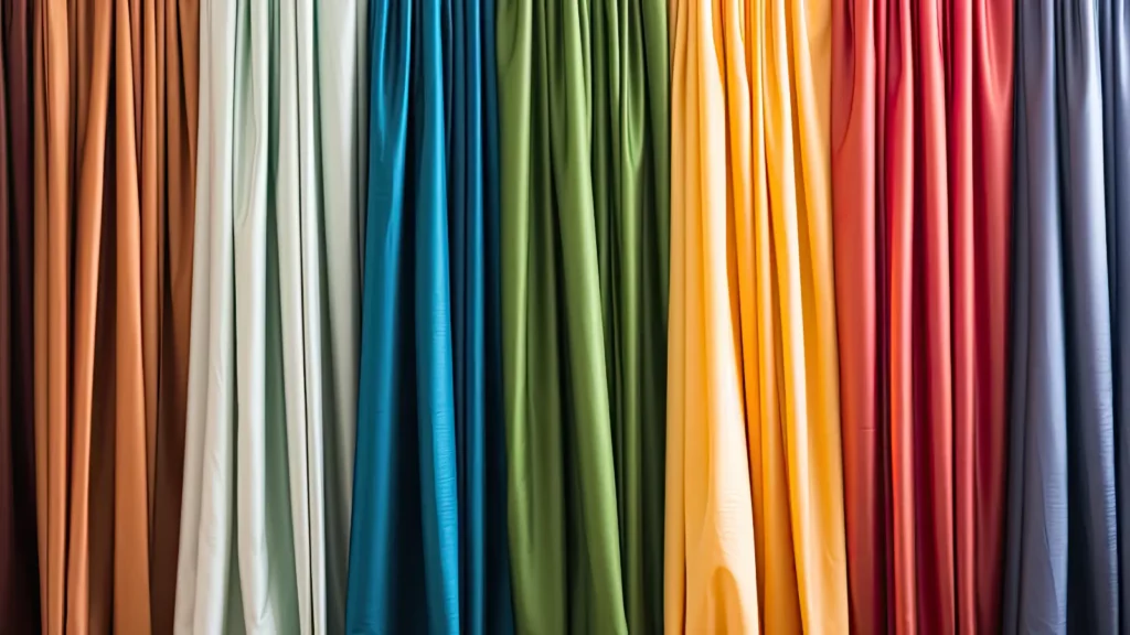 A row of colorful curtains on a wall.
