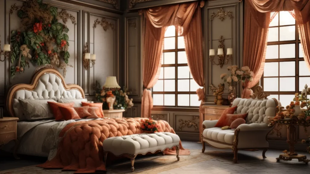 An ornate bedroom with ornate furniture.