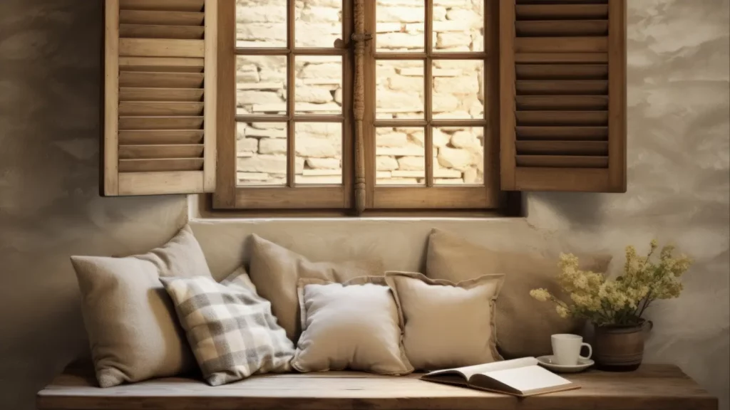 A wooden bench with pillows and a book in front of a window.