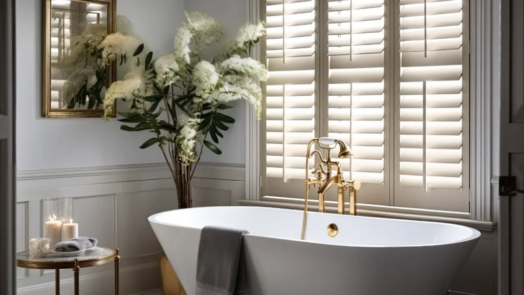 A bathroom with white shutters and gold fixtures.