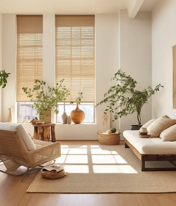 Elegant woven wood shades in a sunroom