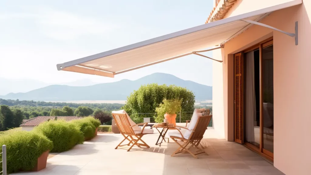 A sunny balcony with an awning, outdoor furniture, and a mountain view.