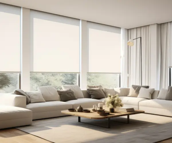 A spacious living room with stationary shades