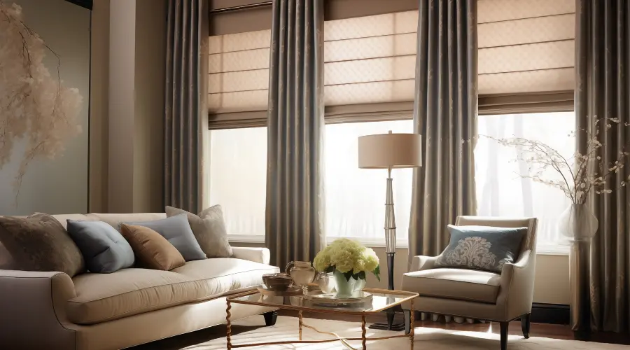 A modern living room with faux Roman shades