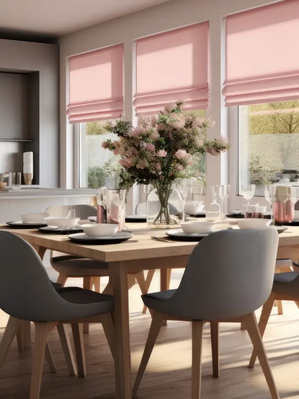 Pink faux Roman shades in a dining area