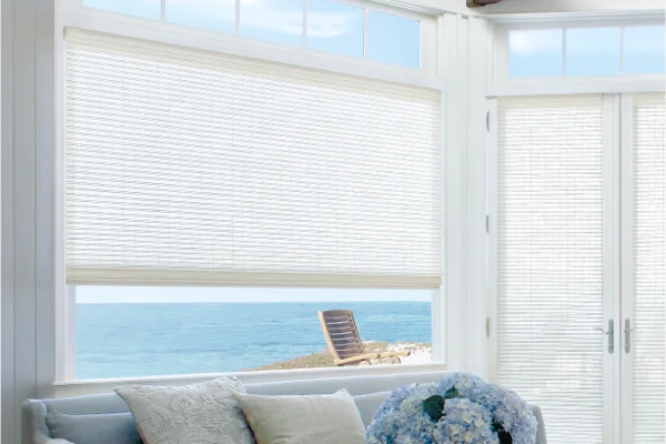 Hunter Douglas woven wood shades installed on a window with an ocean view