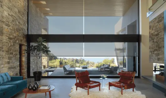 A modern living room with solar shades