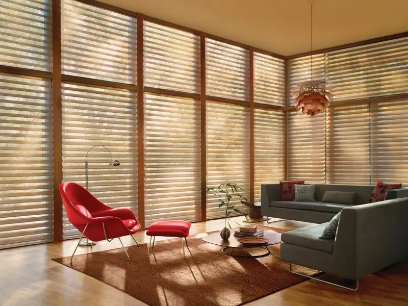 A contemporary living room framed by windows with silhouette shades