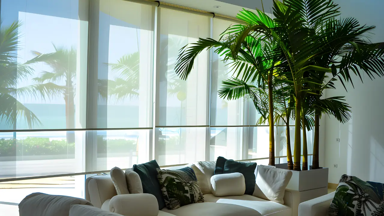 Solar shades in a modern beachfront living room